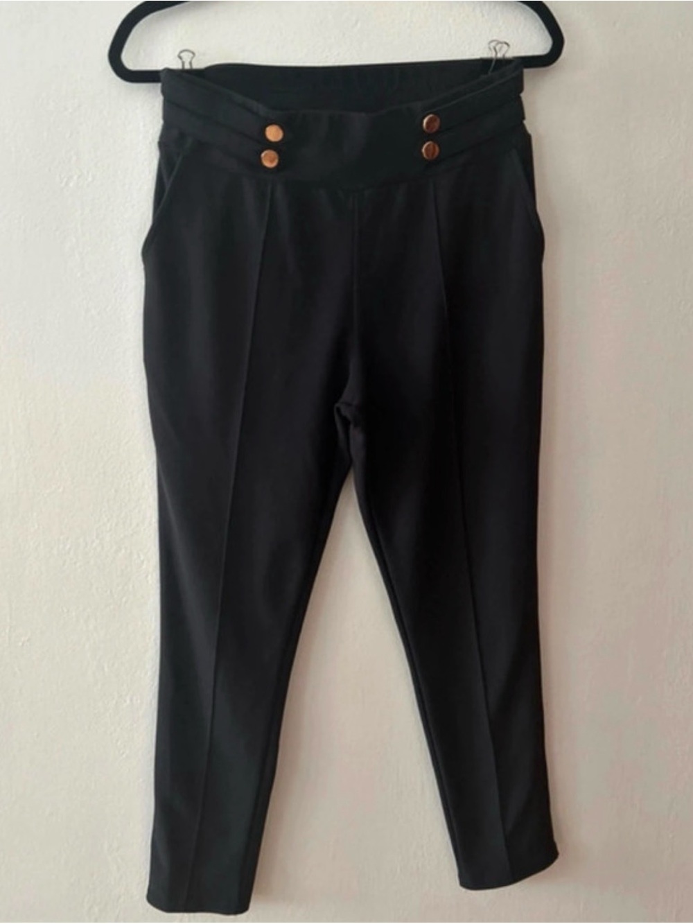 Women's Black Ankle leggings Pants with Button Waist